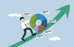 Employee performance development, more professionalism in data analysis, effort for better work result concept, Businessman pushing report pie chart up on rising graph. vector