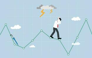 Wrong speculation in stock market, financial loss from incorrect forecasting, investment volatility concept, Businessman getting wet in rain while standing on stock graph without umbrella. vector