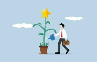 Improving work quality, strive to deliver exceptional result consistently, being professional with excellence concept, Businessman watering bright star tree to grow. vector