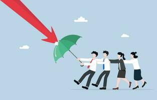 Teamwork to help business survive crisis, collaboration to overcome difficulty, team support concept, Business people spreading umbrella to prevent down arrow attack. vector