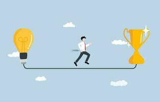 Creativity or innovative idea for business achievement, mindset for success concept, solution to victory or win competition concept, businessman running on path from light bulb to trophy. vector