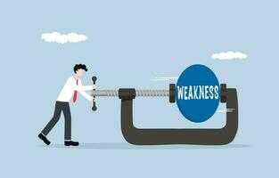 Reducing self-weakness, endeavor for personal growth and development concept, Businessman using clamping to squeeze and reduce size of weakness ball. vector