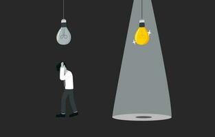 Failure from using wrong idea, ineffective solution, misguided decisions concept, Frustrated businessman under the dark and broken light bulb. vector