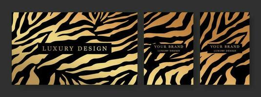 Luxury design in gold and black colors, frame design set with with tiger, zebra pattern. Luxury premium background pattern for menu, elite sale, invite template, luxury voucher vector