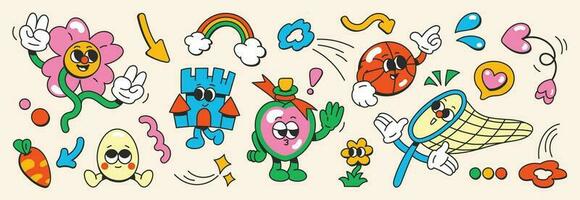 Set of 70s groovy element vector. Collection of cartoon characters, doodle smile face, flower, castle, rainbow, egg, heart, basketball, bottle. Cute retro groovy hippie design for decorative, sticker. vector