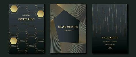 Luxury gala invitation card background vector. Golden elegant geometric shape, gradient gold lines on dark background. Premium design illustration for wedding and vip cover template, grand opening. vector