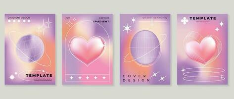 Modern y2k design background cover. Abstract element graphic with heart, wireframes, futuristic shapes. Aesthetic cards collection illustration for flyer, brochure, invitation, social media, poste vector
