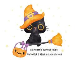 Cerebrate Halloween with A cute black cat wearing a witch hat, flying on a broomstick. This charming watercolor artwork captures the essence of spooky season vector