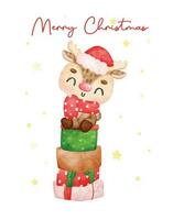 linda alegre Navidad reno animal en apilar de envuelto regalos, alegre Navidad, dibujos animados animal personaje acuarela mano dibujo vector ilustración