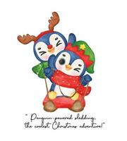 Joyful Penguin Elf and Reindeer Friend, Cute Christmas Watercolor Cartoon vector