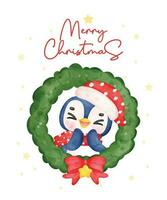 Joyful Penguin Celebrating Christmas in a Festive Wreath, Merry Christmas Watercolor Cartoon. Exciting Smiles and Cheerful Holiday Vibes. Perfect for Cards, Invitations, and Decorations. vector