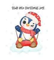 Cute Penguin Riding Sled Christmas, Fun Watercolor Cartoon vector