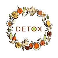 Detox time round. Concept with fruits grapefruit, ginger, lemon, citrus, cleansing tea.Circle composition with doodle drawings for vegan menu, healthy food bar. vector