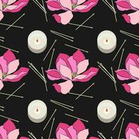 Pattern with Magnolia and Candles, fire and matches, spa treatments, aromatherapy, dark background. vector