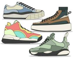 Set of sneakers illustration in colorful drawings, sneakers vector line art isolated, bundling shoe illustration template.