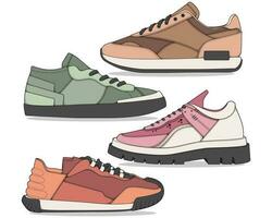 conjunto de Zapatos zapatilla de deporte dibujo vector, zapatillas dibujado en un bosquejo estilo, empaquetar zapatillas entrenadores plantilla, vector ilustración.