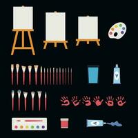 Flat vector painting tools in childish style. Hand drawn art supplies, paint brush, palm, gouache, acrylic, easel, palette