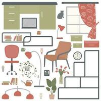 un conjunto de elementos para interior decoración de un oficina con mueble un sillón, un escritorio, estantes, pinturas, un computadora portátil, interior plantas, un riego poder, flores en un florero, almacenamiento cajas, un reloj. vector