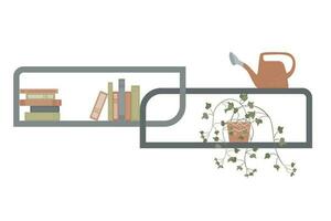 Interior design of a room with furniture bookshelves, books, a potted plant with long branches, a watering can. Vector illustration. Flat style.