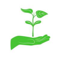 Icon hand holding sprout. The concept of nature conservation. Green vector illustration on theme of ecology