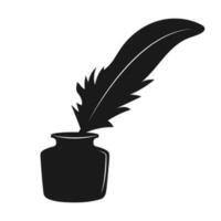 Silhouette of an inkwell with feather. Retro symbol of poetry. Ink icon on white background vector