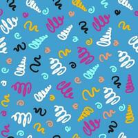 Pattern seamless blue with colored squiggles. Bright background in 90s style. Playful abstract print vector