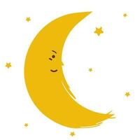 Yellow doodle crescent moon surrounded by stars vector