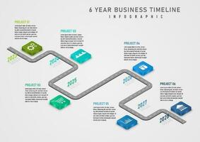 3d infografía cronograma 6 6 años gris la carretera parte superior letra multicolor isométrica cuadrícula tener íconos en el centro. año números con sombra gris degradado antecedentes para negocio, marketing, proyecto vector