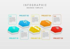 3D Infographic Template Business Hexagon Multi Color Top White Icons Letters in a square frame on a gray gradient background. Design for product, project, marketing, finance, investment. vector