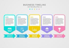 5 years timeline infographic template. Multi colored sharp angled rectangle letters on white background, bottom icons. Year numbers on arrows, gray gradient background, design for business, product. vector