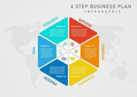 infographic template 6 step business plan success hexagon segmented multicolored white lettering inner icon world map background on gray gradient background design for marketing, product, project vector