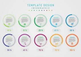 Infographic Template Percent Circles Divided In Multi Colored Sections According to the numbers below the middle button, there are letters and icons with a gray gradient background. vector