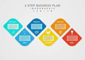 infographic template 6 step business plan to growth rounded triangle multi color square frame in the center with icons letters in the corners gray gradient background design for marketing, product vector