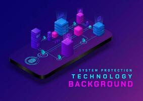 Technology protection system secures access to data from mobile phones with a holographic multicolored cube fingerprint scanning  It has an icon in the middle  blue and purple gradient background vector