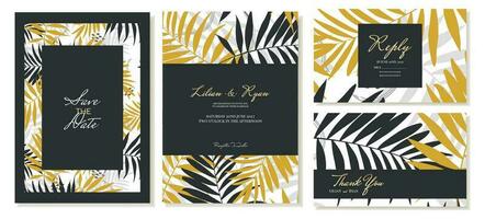 Wedding invitation with thank you cards and rsvp. Summer theme, palm leaves, tropical style in black and gold. Vector template.