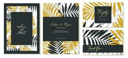 Wedding invitation with thank you cards and rsvp. Summer theme, palm leaves, tropical style in black and gold. Vector template.