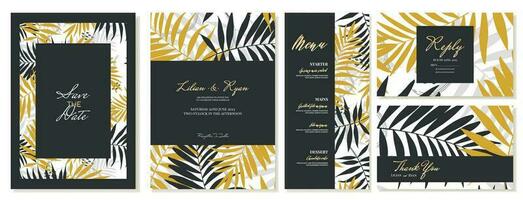 Boda invitación con gracias usted y rsvp tarjetas y menú. verano tema, palma hojas, tropical estilo en negro y oro. vector modelo.