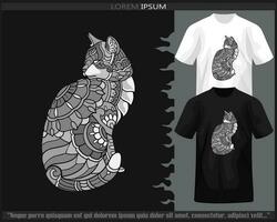 Monochrome cat mandala arts isolated on black and white t shirt. vector