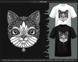 Monochrome cat mandala arts isolated on black and white t shirt. vector