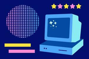 Retro computer monitor. Vector illustration. 90s and y2k PC style. Abstract geometric shapes and stars.