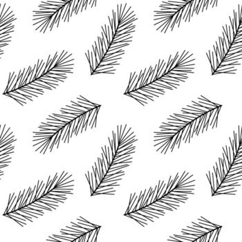 Seamless pattern with coniferous twigs. Linear vector illustration of fir branch. Black and white spruce background.