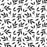 Plant seamless pattern with black leaves. Vector illustration of foliage. Black and white botanical pattern with twigs. Monochrome deciduous background.