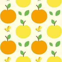 Seamless pattern with apples. Vector illustration. Summer background with fruits, leaves and butterflies. Print for kids.