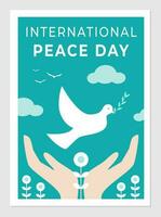 International Peace Day poster. Vector illustration of white pigeon with twig in beak. Drawing of dove in human hands. Banner and text design.