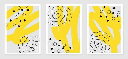 Posters with abstract shapes. Vector illustration of round spots, spirals and squiggles. Interior design decoration.