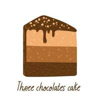 Tres chocolates pastel rebanada. contento cumpleaños fiesta vector elemento. plano ilustración en dibujos animados estilo para pegatina, tarjeta, invitación