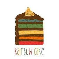 Rainbow cake slice. Happy birthday party vector element. Flat illustration in cartoon style for sticker, card, invitation