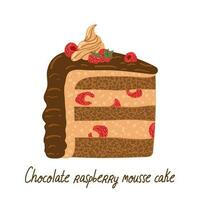 Chocolate Raspberry mousse cake slice vector flat cartoon illustration isolated on white