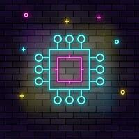 Processor, chip icon , neon on wall. Dark background brick wall neon icon. vector