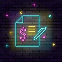 Bill, contract, multicolor neon icon on dark brick wall. vector